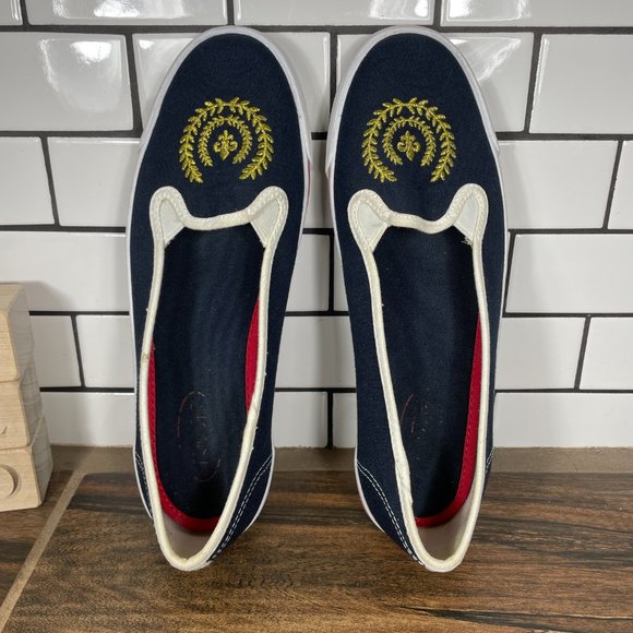 Talbots Women's Size 7.5 Shoes Blue Canvas Gold Crested Slip On Comfort Flats - Picture 6 of 14